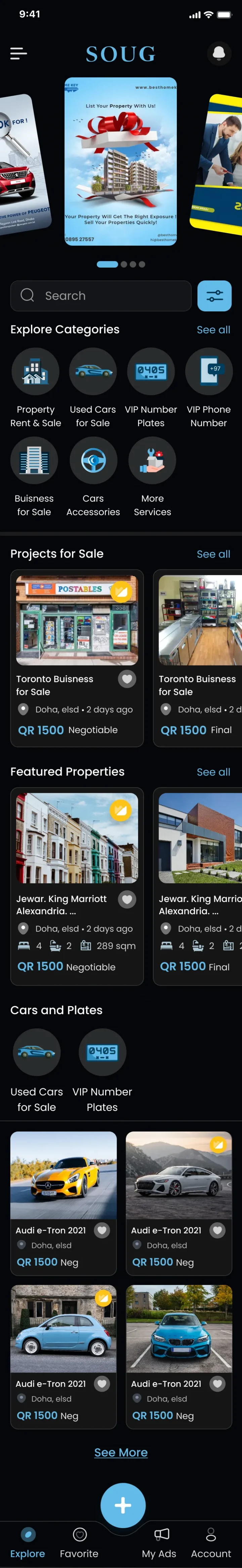 Soug marketplace home screen in dark mode with category discovery and classified listing cards.
