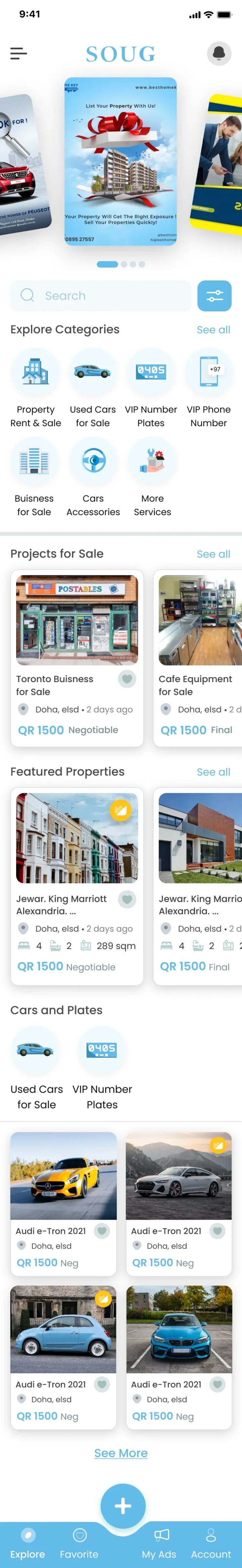 Soug marketplace home screen in light mode showing categories, property, vehicle and business listings.