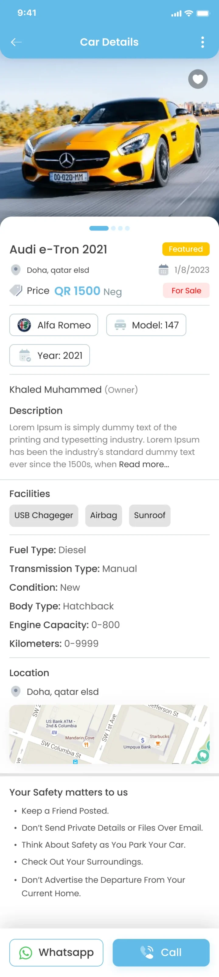 Soug vehicle listing detail screen with gallery, price, specifications, location and contact actions.