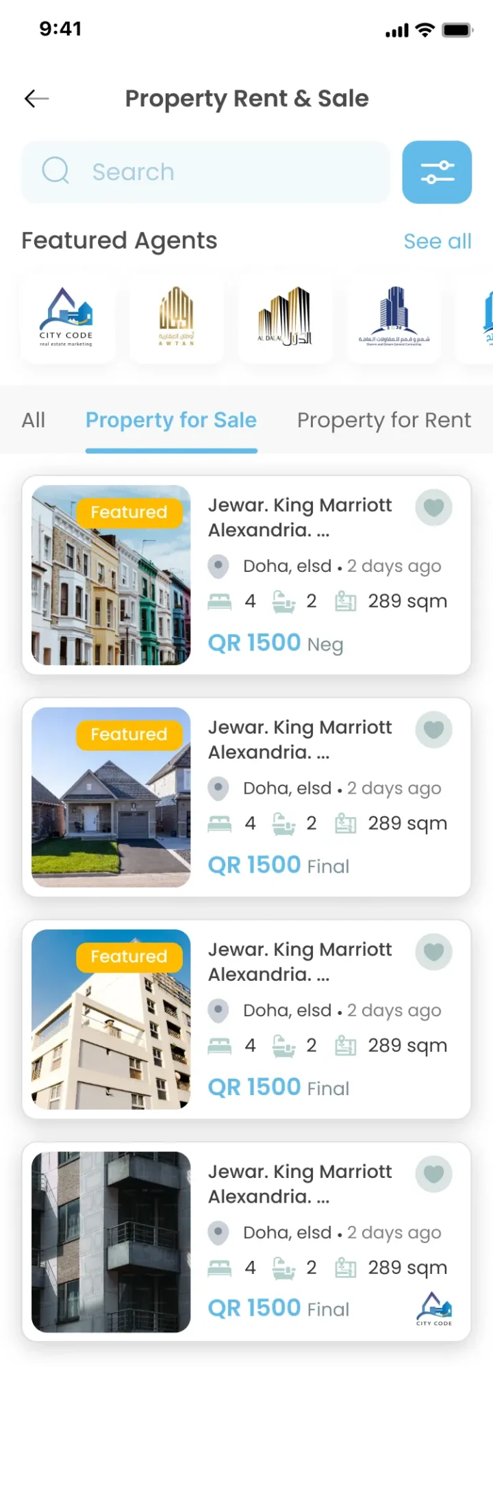 Soug property marketplace screen showing featured agents, property filters and real estate listings.
