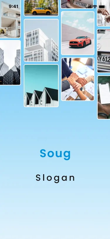 Soug mobile app splash screen with marketplace imagery and the Soug brand.